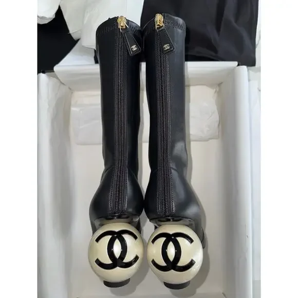 Chanel 25K Black White Pearl Ball Heel CC Logo Stretch Leather Calf Boots 37.5 - Picture 3 of 16